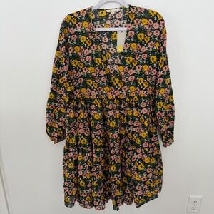 NEW Boden Floral Dress Boho Babydoll Tiered Green Pink Yellow Cotton SZ 2 NWT